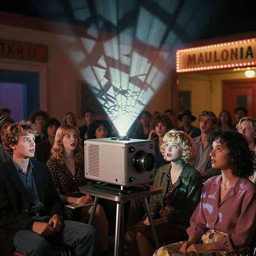 Photograph of a 1960s-style audience seated in a dimly lit theater, illuminated by a projector beam, with vintage camera on a stand