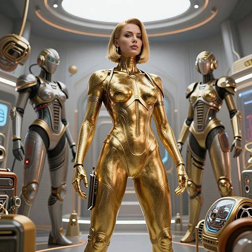 Photorealistic CGI: Blonde woman in shiny gold bodysuit stands confidently in futuristic lab, flanked by metallic humanoid robots. Bright, circular overhead