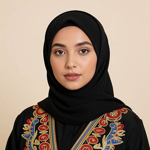 Photograph of a young Middle Eastern woman with light brown skin, wearing a black hijab and ornate black dress with red, blue, and gold