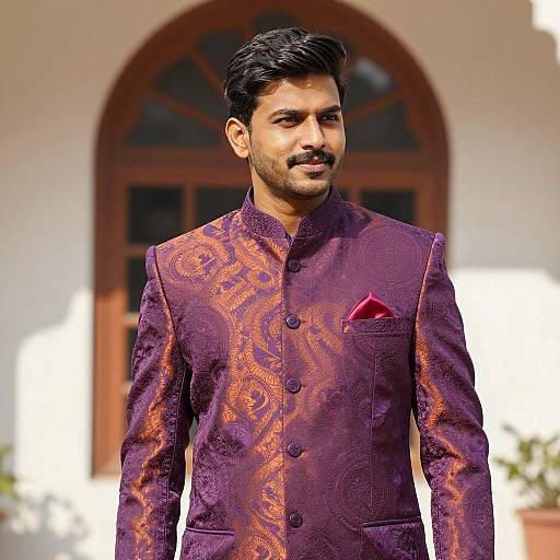 Indian Man in Purple Orange Bandhgala Suit