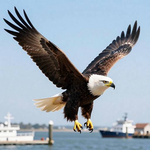 American Eagle Soaring Over Harbor