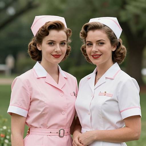Photograph of two 1950s-style nurses with curled brown hair, wearing pink and white uniforms, white nurse caps, and red lipstick, standing