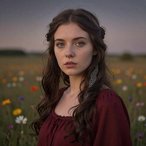 Photograph of a young woman with long, wavy brown hair, wearing a maroon blouse, standing in a colorful meadow at dusk. Her