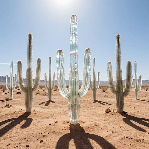 Photograph of a desert landscape with tall, translucent cacti casting long shadows on sandy ground under a bright, clear blue sky.
