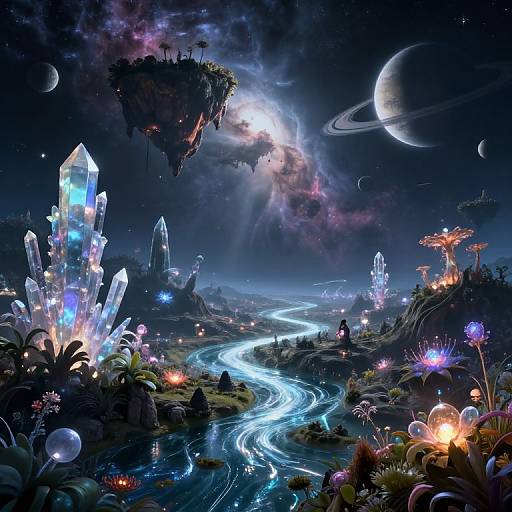 Digital fantasy artwork of a luminous, crystal-filled landscape with glowing rivers, floating islands, and celestial bodies under a starry night sky.