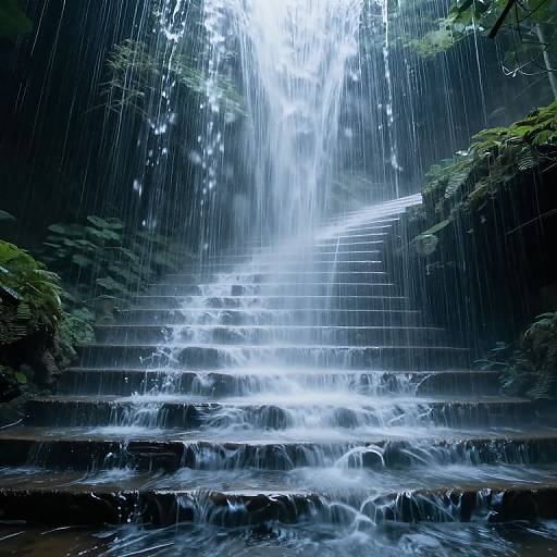 Photograph of a serene, multi-tiered waterfall in a rainforest, with cascading white water, dark stone steps, and lush green ferns