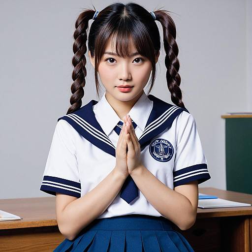Asian Schoolgirl in Uniform with Twin Braids