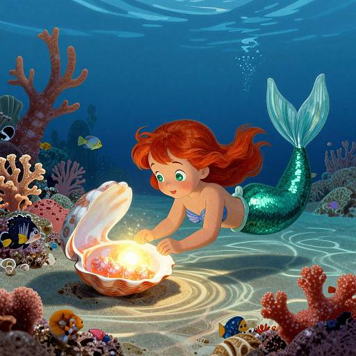 Digital illustration of a cute, red-haired mermaid with a green tail, examining a glowing seashell in a vibrant underwater coral reef.