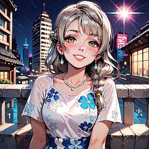 Anime-style digital drawing of a smiling young woman with silver hair, yellow eyes, and blue floral shirt, in a vibrant, neon-lit city night