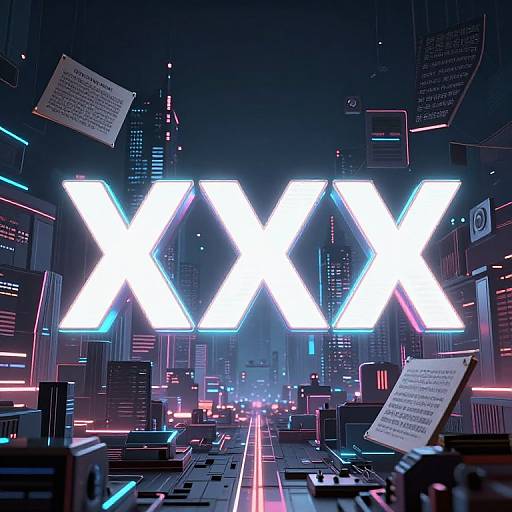 Neon-lit cyber cityscape with glowing, white, X-shaped sign at center, futuristic skyscrapers, floating documents, and vibrant blue and