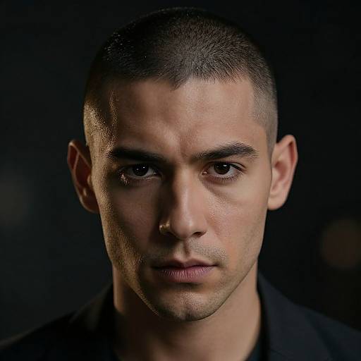 Photograph of a serious young man with short dark hair, olive skin, and intense gaze, set against a black background.