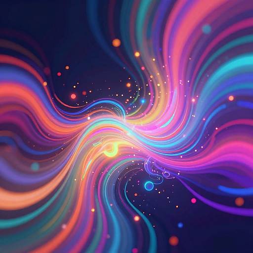 Vibrant, swirling digital artwork of neon-colored light waves in pink, blue, and orange, with glowing dots and bubbles against a dark blue background