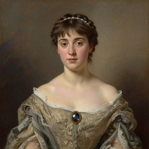 19th-century oil painting of a young woman with fair skin, dark brown hair, and a delicate expression, wearing an ornate, off-should
