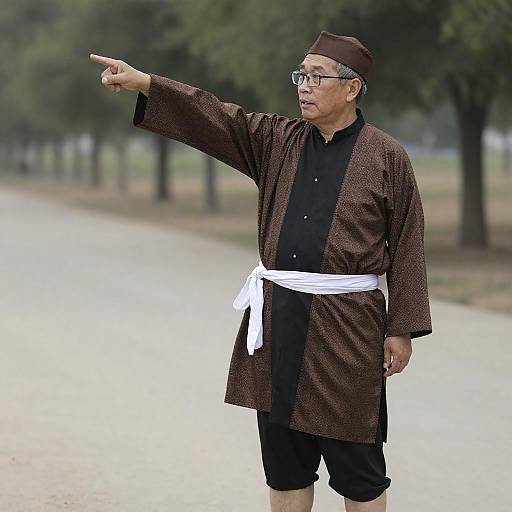 Elderly Asian Man Pointing on Path