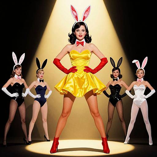 Photograph of five women in bunny costumes: center in yellow dress, red gloves, and red heels, flanked by four in black, white,