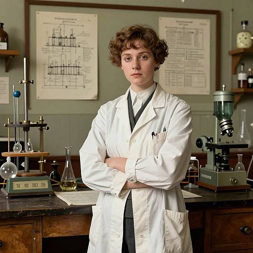 Photograph-style CGI of a young, curly-haired woman in a white lab coat, standing in a vintage laboratory with scientific charts, lab equipment, and