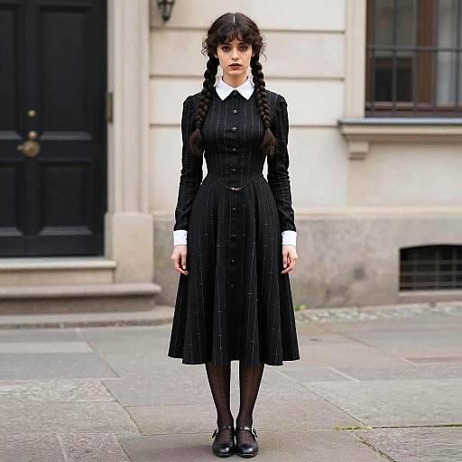 Photograph of a young woman with dark braided hair, wearing a black Victorian-style dress with white collar, black stockings, and black shoes, standing