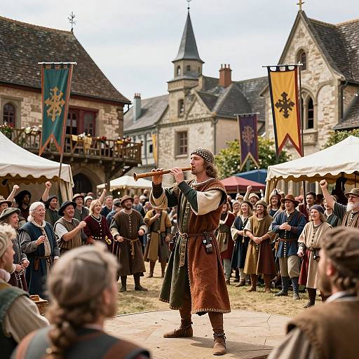 Medieval reenactment scene: muscular man with brown beard and horn stands center, medieval crowd in colorful attire, stone buildings and flags in background