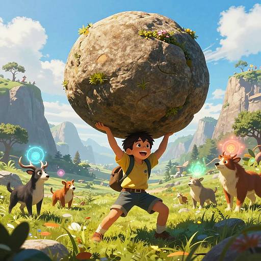 Animated boy in yellow shirt and blue shorts lifts giant rock, surrounded by colorful, glowing animals in vibrant, mountainous meadow.