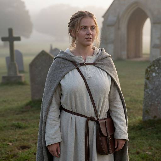 Photograph-style CGI: Young blonde woman in medieval-style white dress and gray cloak stands in misty graveyard with ancient stone church and crosses in background.