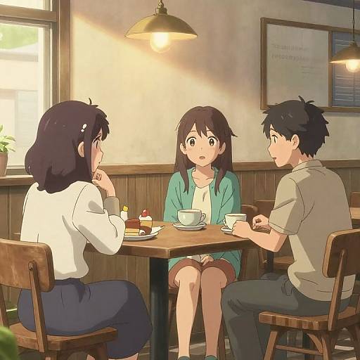 Anime-style digital illustration of three young adults sitting at a wooden café table, chatting, with sunlight filtering through a window.