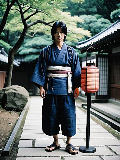 Young Man in Traditional Japanese Clothing with Lantern