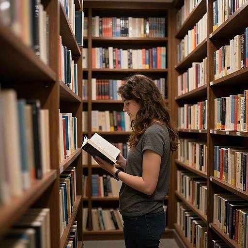 Photograph of a young woman with long brown hair, wearing a gray t-shirt and blue jeans, reading a book in a narrow, wooden-shel