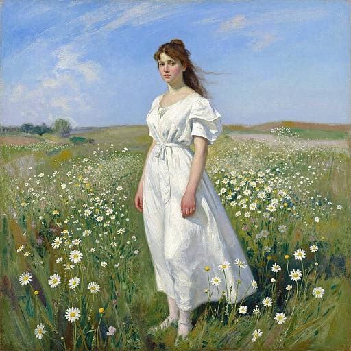 Impressionistic painting of a young woman in a white dress standing in a field of daisies under a bright blue sky.