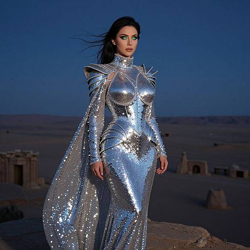 Photograph of a woman with long black hair in a shimmering, silver sequin dress with high shoulders, standing in a desert at night, with