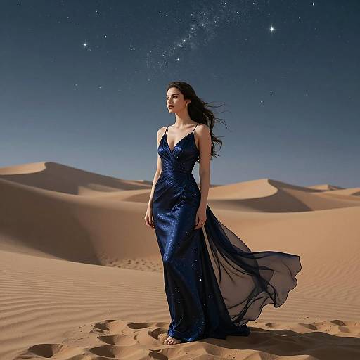 Elegant Woman in Navy Gown in Starry Desert Night