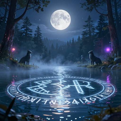 Digital artwork of a moonlit forest with glowing runes on a water surface, surrounded by wolves, illuminated by purple lights.