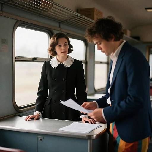 Two People Inside Vintage Train Car
