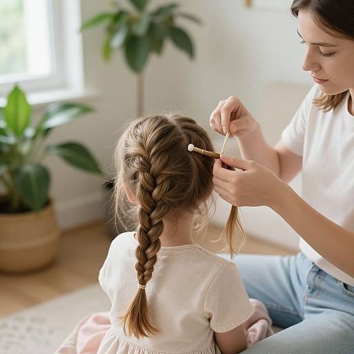 Photograph of a young woman with a braid, being styled by an adult woman in a sunlit room with potted plants.