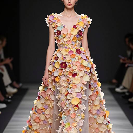 Photograph of a slender model on a runway, wearing an elaborate, sleeveless gown adorned with colorful floral appliqués in shades of pink, yellow