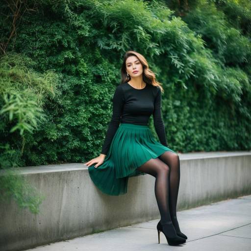 Stylish woman in green skirt sitting outdoors