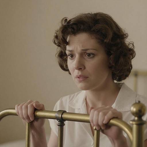 Concerned Woman Holding Brass Bedframe