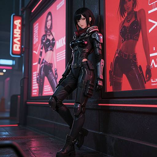 Digital art: Cyberpunk scene of a black leather-clad woman with short black hair leaning against a neon-lit building, featuring red and pink posters