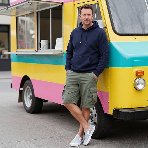 Photograph of a casual, smiling man in a navy hoodie, olive shorts, and white shoes leaning against a colorful food truck.