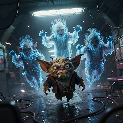 Digital artwork of a small, fierce, brown, big-eared creature with wide eyes, running forward, pursued by four ghostly, blue-flaming