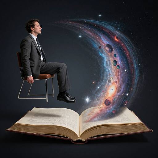 Surreal Man Suspended Over Cosmic Book