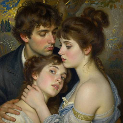 Photorealistic painting of a romantic trio: a young man with dark hair and a suit, two fair-skinned women with brown hair, one with