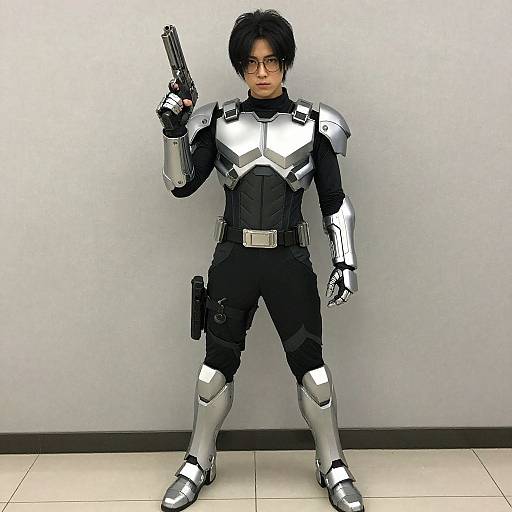 Photograph of an Asian man cosplaying a futuristic armored soldier, standing against a plain gray wall, holding a handgun in his right hand. He wears