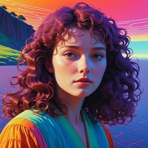 Curly Haired Woman at Vibrant Seaside Landscape