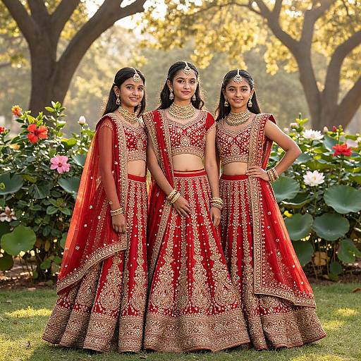 Photograph of three Indian bridesmaids in red and gold embroidered traditional lehenga sets, standing in a sunlit garden with colorful flowers and large green leaves