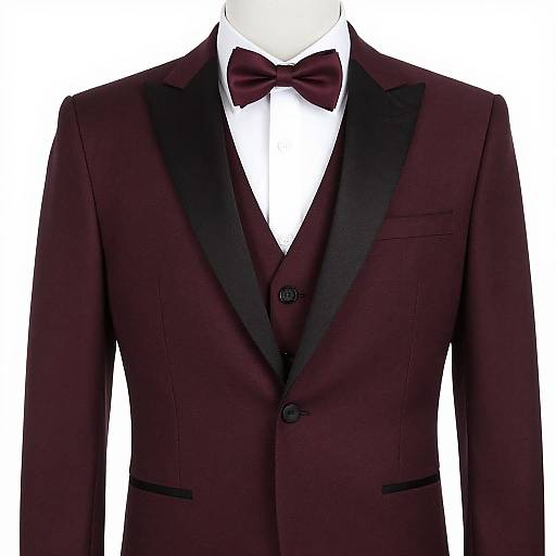 Photograph of a dark maroon tuxedo with black lapels, white dress shirt, and matching maroon bow tie, set against a white