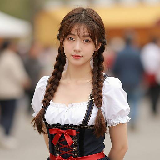 Photograph of a young Asian woman with fair skin and brown hair in braids, wearing a white puffed-sleeve blouse and black corset