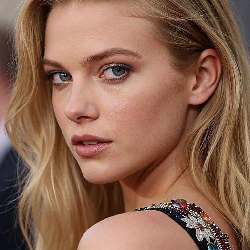 Close-up photograph of a blonde woman with blue eyes, wearing a black sequined dress, looking over her shoulder with a subtle smile. Her makeup is