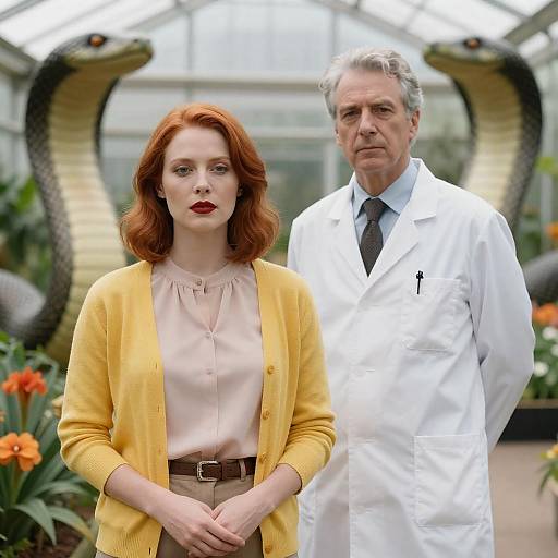 Two People in Greenhouse with Snake Sculptures