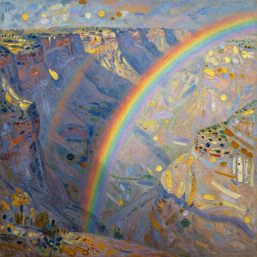 Vibrant oil painting of a rainbow arching over a colorful canyon landscape with abstract, glowing yellow and orange patches.