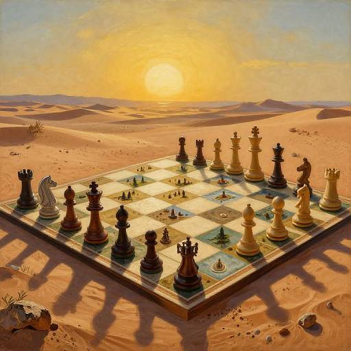 Digital painting of a chessboard in a vast desert at sunset, with large black and white chess pieces casting long shadows across the sand.